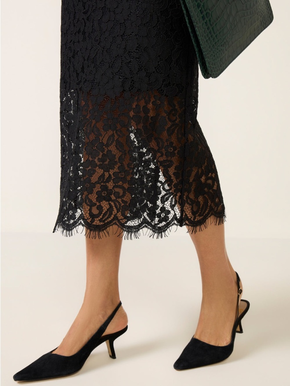 Women's Black Lace Midi Skirt - Sleek Lace Overlay